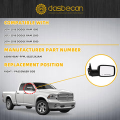 Passenger Side Mirror Compatible with 2014-2018 Ram 1500, 2013-2018 Ram 2500 Right Door Mirror with Power Folding, Heated Glass, Turn Signal, Puddle Light, Chrome Cover 11pins