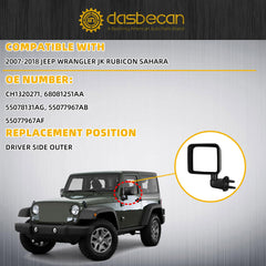 Driver Side Mirror Compatible with 2007-2018 Jeep Wrangler JK Left Side Door Mirrors Manual Folding No-Disturtion Glass Replaces#CH1320271 68081251AA 55078131AG Textured Black Cover