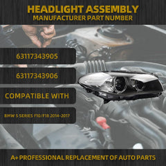 Xenon/HID Headlamp Without Drive module Compatible With 2014-2017 BMW 5 series F10 550i 535i 528i Right Passenger Side Headlight (W/O AFS)Replaces# 63117343905 63117343906 (Not Plug and Play)