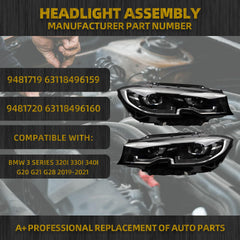 LED Headlamp Compatible With BMW3 Series 320i 330i 340i G20 G21 G28 2019-2021 Headlight Left+Right Black Housing Clear Lens Replaces# 9481719 9481721