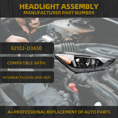 Halogen Headlights w/DRL Compatible With Hyundai Tucson 2019-2021 Headlamp Assembly Right Passenger Side Replaces#92102D3650
