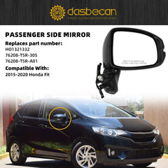 Passenger Side Mirror Compatible with 2015-2020 Honda Fit Right Mirror 3PINS Black Replaces H01321332