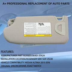 Gray Right Passenger Side Sun Visor Compatible with Nissan Altima 2013-2018 with Mirror and Vanity Light Without Sunroof Replaces# 96401-3TA2A