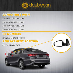 Driver Side Door Mirror DIY Paintable Compatible with 2019-2024 KIA Forte Left Side Mirror With Manual Folding Power Adjustment Replaces# 87610M7000 KI1320226 (3Pins)