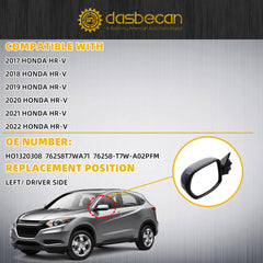 Left Driver Side Mirror Compatible with 2017-2022 Honda HRV LX with Power Glass, Manual Folding, Paintable Cover, Non-Heated Replace# HO1320308 76258-T7W-A02PFM(3Pins)