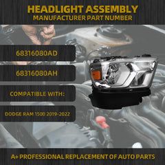 Halogen Headlights Compatible With Dodge Ram 1500 2019-2022 Chrome Frame Headlamp assembly Right Passenger Side Replaces#68316080AD 68316080AH
