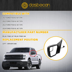 Left Driver Side Mirror Compatible with 2021-2024 Ford F150 XL/XLT/STX with Power Heated Glass, Manual Folding, Black Texture Mirror Cover (5pins)