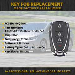HYQ4AA Key Fob Replacement Compatible with Chevy Bolt 2017-2018, Equinox 2018-2020, Trax 2017-2020, Sonic Hatchback 2018-2020, Volt 2016-2019 Keyless Entry Remote Control 315MHz 4 Buttons