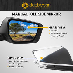 Right Passenger Side Mirror Compatible with Chevy Impala 2014-2020 Manual Folding Power Glass Heated with Turn Signal Puddle Light Memory Chrome 12Pins Replaces 22936936PFM