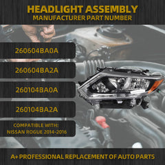 Halogen Headlight Compatible With Nissan Rogue 2014-2016 left driver side Headlights Assembly With LED DRL Strip Replaces# 260604BA0A 260604BA2A NI2502226 NI2503226(W/O bulbs)
