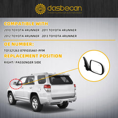 Right Passenger Side Mirror Compatible with 2010-2013 Toyota 4runner with Power Heated Glass, Manual Folding, Turn Signal, Puddle Light, Gloss White Cover Replace# TO1321263(9 Pins)