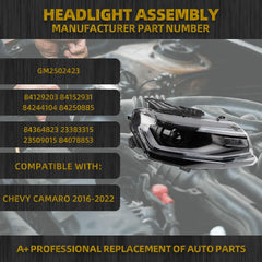 HID/Xenon Headlight Compatible with 2016-2022 Chevy Camaro Right Passenger Side Headlight Assembly Clear Lens Black Housing Replaces# 84364824 84250886 GM2503423