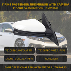 Passenger Side Door Mirror Assembly with Camera Compatible with Honda Civic 2016-2021 Power Glass Heated 11 Pins (Color: White)