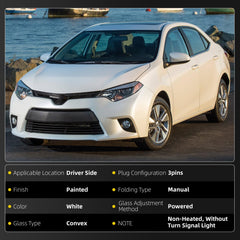 Left Driver Side Mirror Compatible with Toyota Corolla 2014-2019 Power Glass Manual Folding Non-Heated Paint to Match Door Mirror Assembly Replaces 8794002F21C0 White 3Pins