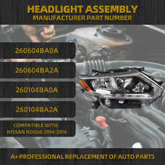 Halogen Headlight Compatible With Nissan Rogue 2014-2016 Right Passenger Side Headlights Assembly With LED DRL Strip Replaces# 260104BA0A 260104BA2A NI2502226 NI2503226(W/O bulbs)