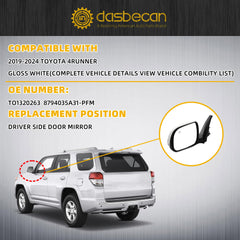 Left Driver Side Mirror Compatible with 2010-2013 Toyota 4runner with Power Heated Glass, Manual Folding, Turn Signal, Puddle Light, Gloss White Cover Replace# TO1320263 8794035A31-PFM(9Pins)