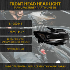 Front LED Headlight Full Headlamp Assembly Compatible with 2021-2024 Cadillac Escalade Right Passenger Side OEM Replace for 84950143 GM2502527