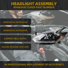 Halogen Headlight Compatible With Nissan Murano 2015-2018 Black LED DRL Projector Headlamp Assembly Left Driver Side Replaces# 260605AA9A 260105AA9A 260605AA0E 260105AA0E
