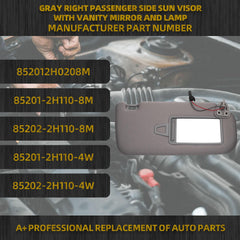 Right Passenger Side Sun Visor with Light |Makeup Mirror| Compatible with Hyundai Elantra 2007-2010 Replace #852012H0208M 85201-2H110-8M 85202-2H110-8M 85201-2H110-4W 85202-2H110-4W (Gray)