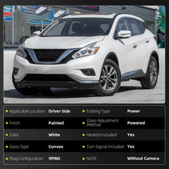 Driver Side Mirror White Compatible with 15-24 Nissan Murano 9Pins | Heated Power Folding Power Glass With Turn Signal Light Left Rear View Mirror Replaces 96302-5AP4A 963025AP4A