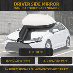 Driver Side Door Mirror-Compatible with Toyota Corolla 2020-2025 Sedan-Power adjustment Manual fold Non-Heated-Left Side View Mirror Assembly Replace TO1320391 3 Pins Painted White