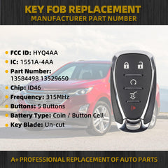 Key Fob Replacement Compatible with Chevy Equinox 2018 2019 2020 2021 Smart Proximity Keyless Entry Remote Replaces HYQ4AA 13584498 13529650 315MHz 5 Buttons