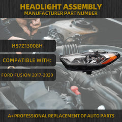 Halogen W/LED DRL Headlight W/bulbs Compatible With Ford Fusion 2017-2020 Left Driver Side Headlights Assembly Chrome Housing Replace# HS7Z13008H FO2502350
