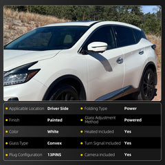 Driver Side Mirror Compatible with 15-24 Nissan Murano 13Pins | Heated Power Folding Power Glass With Turn Signal Light Camera White Left Rear View Mirror #NI1320288 96374-4BA0A