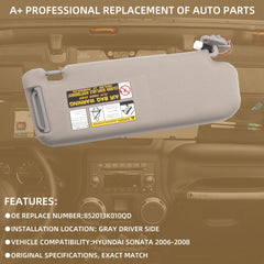 Grey Left Driver Side Sun Visor Compatible with Hyundai Sonata 2005 2006 2007 2008 2009 2010 Replaces# 852013K010QD 85202-0A750-QSQQH