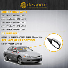 Right Passenger Side Mirror Compatible with 2003-2007 Honda Accord Door Mirrors With Manual Folding Power Glass Replace#HO1321152 Alabaster silver metallic Cover 3pins