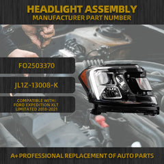 Halogen Headlight Compatible With Ford Expedition XLT Limitated w/bulbs 2018-2021 Replaces# FO2503370 JL1Z-13008-K Right Passenger Side Headlamp Assembly