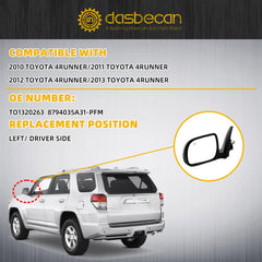 Left Driver Side Mirror Compatible with 2010-2013 Toyota 4runner with Power Heated Glass, Manual Folding, Turn Signal, Puddle Light, Gloss Black Cover Replace# TO1320263 8794035A31-PFM(9Pins)