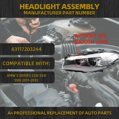 HID/Xenon W/O AFS Headlight Compatible With 2011-2013 BMW 5 Series 528i 535i 550i Left Driver Side Housing Chrome Clear Headlight Assembly Replaces# 63117203244
