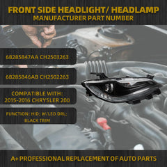 LED Front Headlight Headlamp w/Chrome Trim LED DRL Projector Passenger Side Headlights Compatible With 2015 2016 2017 Chrysler 200 200C HID/Xenon Model Replce OE 68285847AA CH2503263