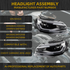 HID/Xenon Headlight Compatible with 2016-2022 Chevy Camaro Left+Right Headlight Assembly Clear Lens Black Housing Replaces# 84364823 84250885 GM2502423 84364824 84250886 GM2503423