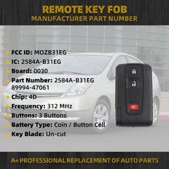 Key Fob Replacement Compatible with Toyota Prius 2004-2009 Keyless Entry Remote Control Replaces MOZB31EG P/N: 2584A-B31EG 89994-47061 3 Buttons 312MHz (Only for Silver Logo)