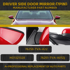 Left Driver Side Door Mirror Compatible with Honda Accord Sport Hybrid EX 2018-2022 Power | Heated | Blind Spot Detection | Repalce# 76258-TVA-A22, HO1321328, Side View Mirror (7Pins-Red)