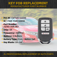Key Fob Replacement Keyless Entry Compatible with 10TH Honda Accord 2018 2019 2020 2021 Smart Remote Control Proximity 5 Buttons 433 MHz FCC ID CWTWB1G0090, P/N 72147-TVA-A01