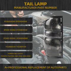 Left Driver Side Tail Light Assembly Smoked Housing Lamps Compatible with Toyota Tacoma 2001 2002 2003 2004 Replaces 8156004060 TO2800139 Include Light Bulbs