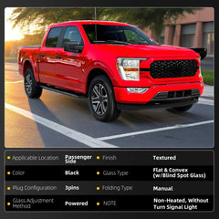 Right Passenger Side Non-Heated Mirror Compatible with Ford F150 2015-2020 with Blind Spot Glass Replace# FL3Z17682AK Without Turn Signal Light (3Pins) Black