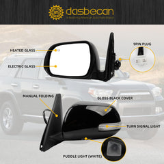 Left Driver Side Mirror Compatible with 2010-2013 Toyota 4runner with Power Heated Glass, Manual Folding, Turn Signal, Puddle Light, Gloss Black Cover Replace# TO1320263 8794035A31-PFM(9Pins)