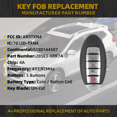 Key Fob Replacement Compatible with Nissan Rogue Kicks 2019 2020 2021 Smart Proximity Keyless Entry Remote Control Replaces KR5TXN4 285E3-6RR7A 4A Chip 433.92Mhz 5 Buttons