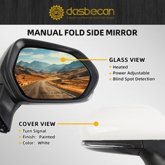 Passenger Side Mirror Compatible with 2018-2024 Toyota Camry with Heated Turn Signal Blind Spot Detection BSM Right View Door Mirror Assembly White 7 Pins Replaces# TO1321368 87910-06840