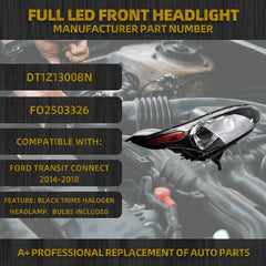 Right Passenger Side Headlights w/Bulbs Compatible with Ford Transit Connect 2014-2018 Black Trims Halogen Headlamp Replaces OEM DT1Z13008R FO2503327