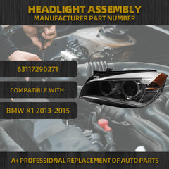 Xenon Headlight w/LED DRL Compatible With BMW X1 2013-2015 Headlamp assembly Left Driver Side Replaces#63117290271