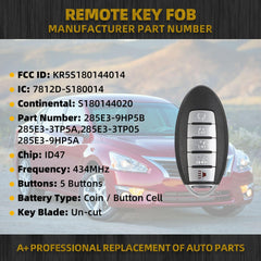 Key Fob Compatible with 2013 2014 2015 2016 Nissan Altima Pathfinder Maxima Murano Replace# KR5S180144014 7812D-S180014 Smart Remote Replacement 5 Buttons