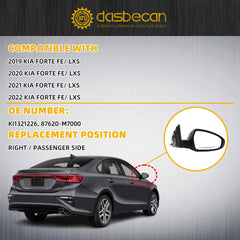 Right Passenger Side Mirror Compatible with 2019-2024 KIA Forte Black Rearview Mirror w/Power Glass/Manual Folding Replace# KI1321226 87620-M7000 (3Pins)
