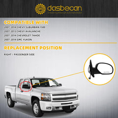 Right Side Mirror Compatible with 2007-2013 Chevy Silverado,GMC Sierra,Yukon with Power Glass, Heated, Manual folding, Arrow Turn Signal, Puddle Light, Matte Black Rear View Mirror (9pins)