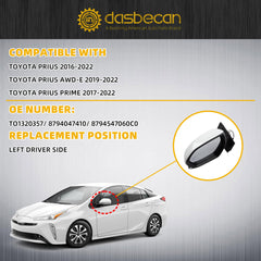 Left Driver Side Mirror Compatible with 2016-2022 Toyota Prius with Power Heated Glass, Manual Folding, Blind Spot Light, White Paint Replace# TO1320357 (6Pins)