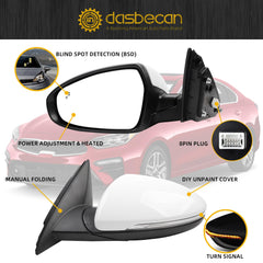 Left Driver Side Mirror DIY Paintable Compatible With 2019-2024 KIA Forte View Mirror With Power Glass/Heated/Turn Signal/Blind Spot/Manual Folding 87610M7090 KI1320225 (8Pins)